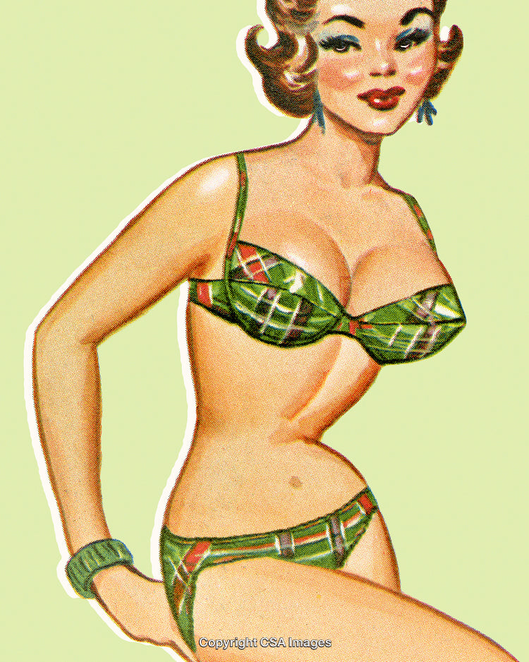 Vintage Pin-Up Art of Woman in Plaid Bikini on Light Green Background