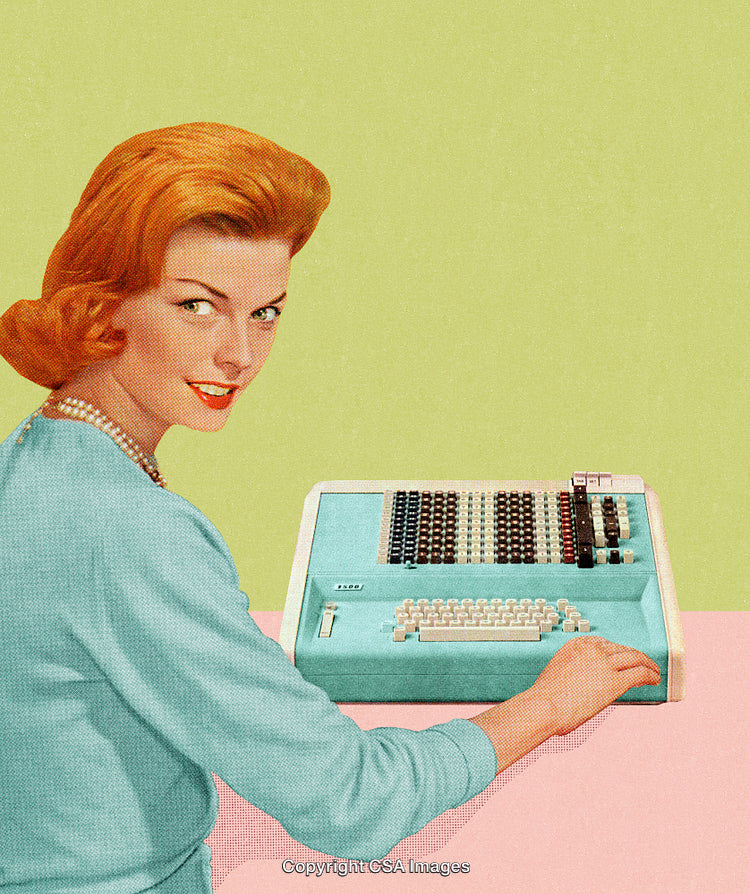 Retro Style Woman Operating a Vintage Office Machine in Pop Art Design
