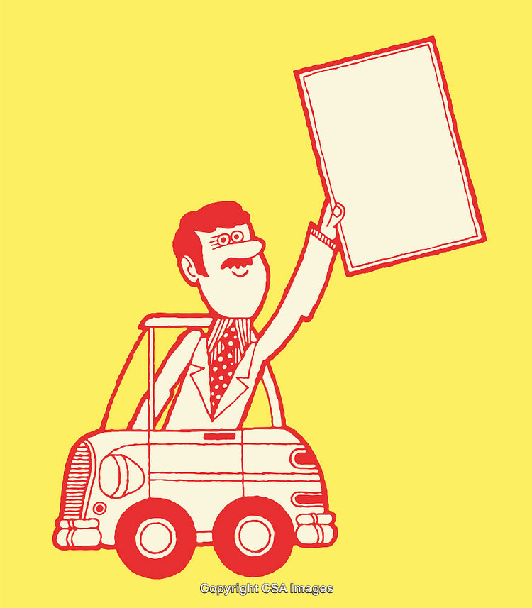 Retro Illustration of a Smiling Man in a Car Holding a Blank Sign