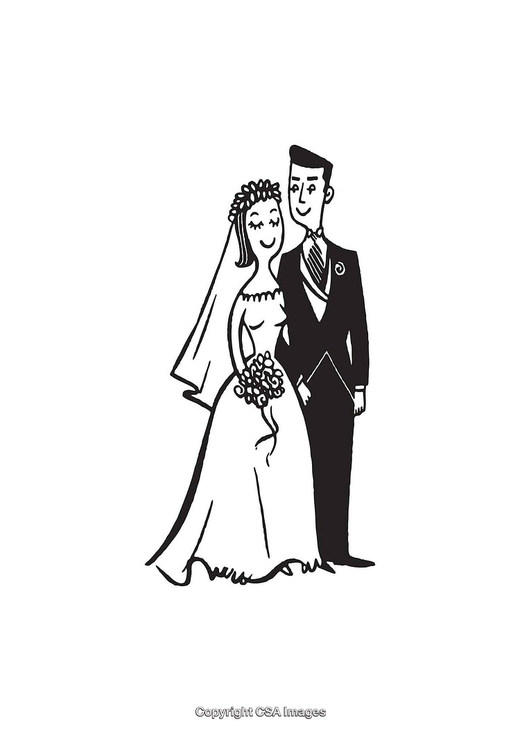 Illustration of a Happy Bride and Groom in Black and White Line Art