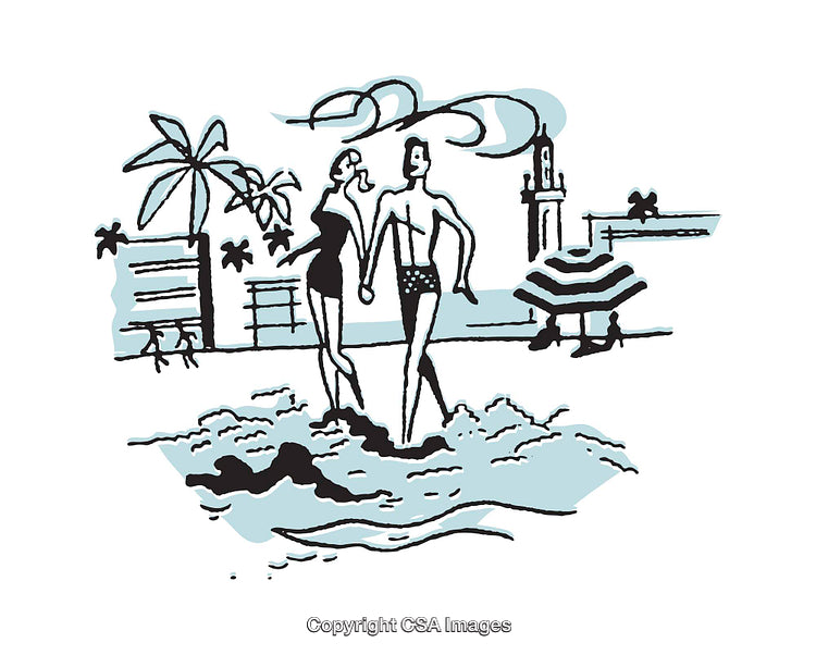 Stylized Illustration of a Couple Walking Along a Vibrant Summer Beachfront