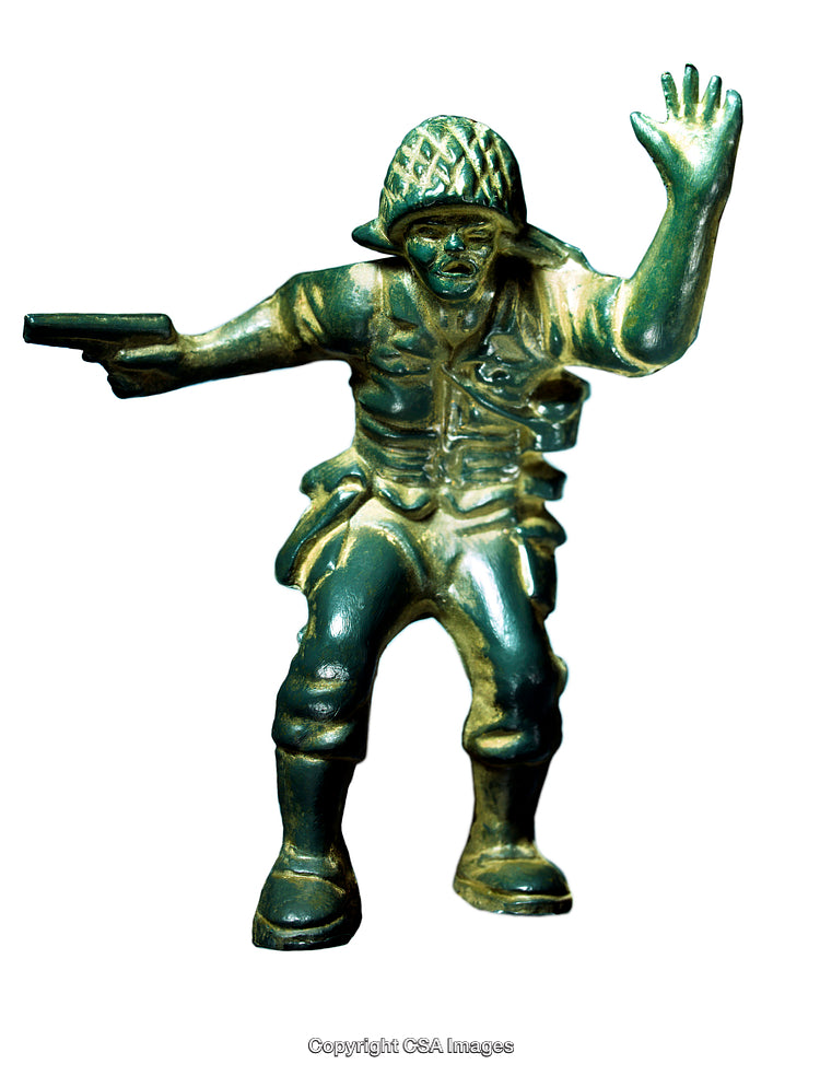 Green Plastic Soldier Toy Figurine in Action Pose Isolated on White