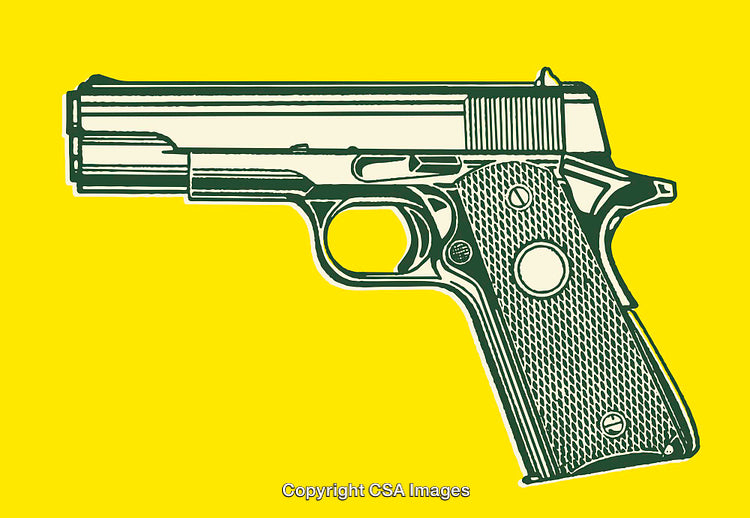 Detailed Line-Art Illustration of a Handgun in Bold Yellow and Green