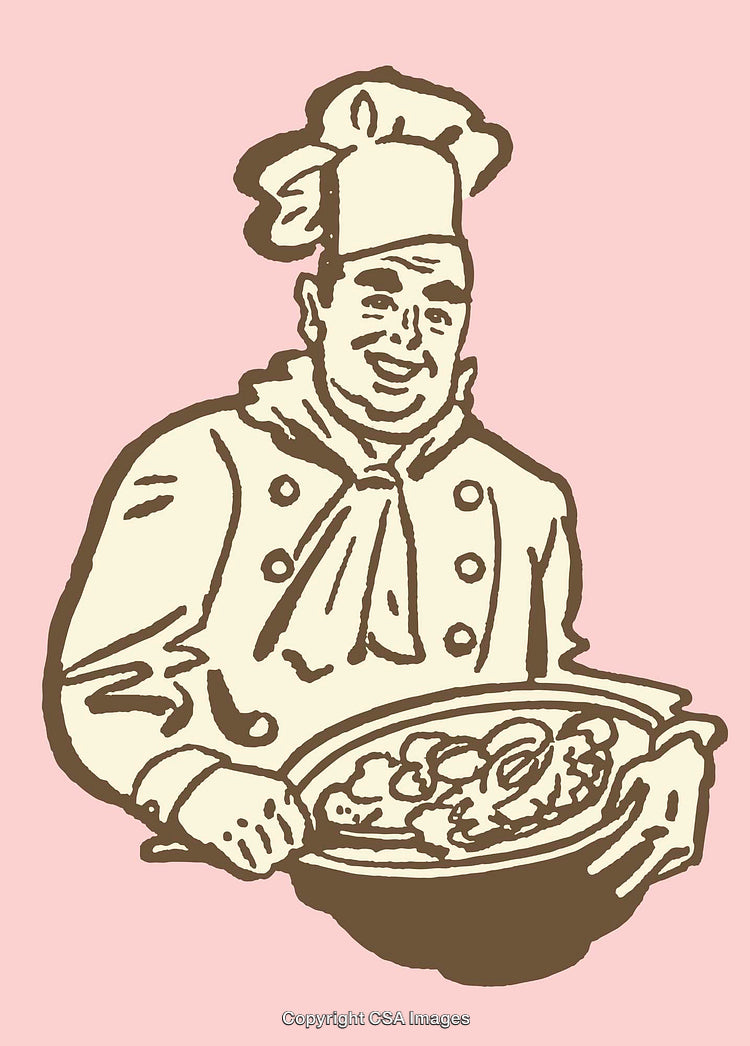 Chef Holding Dish Artwork in Line Art Illustration Style