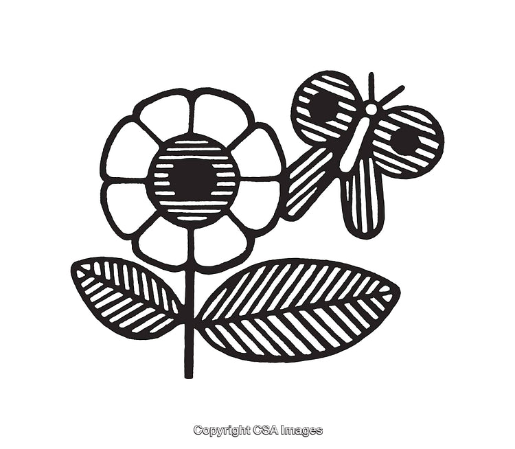 Black and White Flower and Butterfly Line Art Illustration
