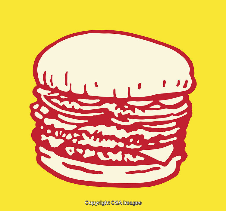Colorful Line Art Illustration of a Hamburger on Yellow Background