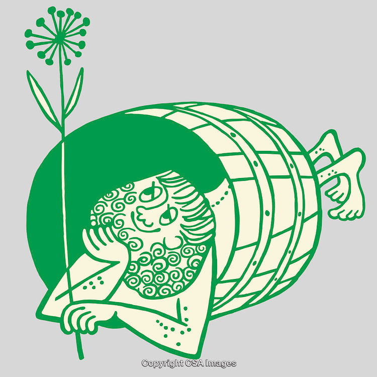 Whimsical Drawing of a Figure Relaxing in a Barrel with Decorative Flower