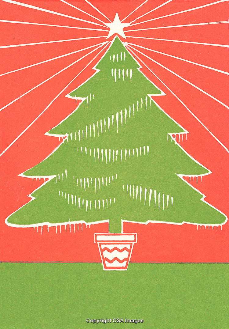 Decorative Holiday Christmas Tree Illustration with Star and Festive Red Background