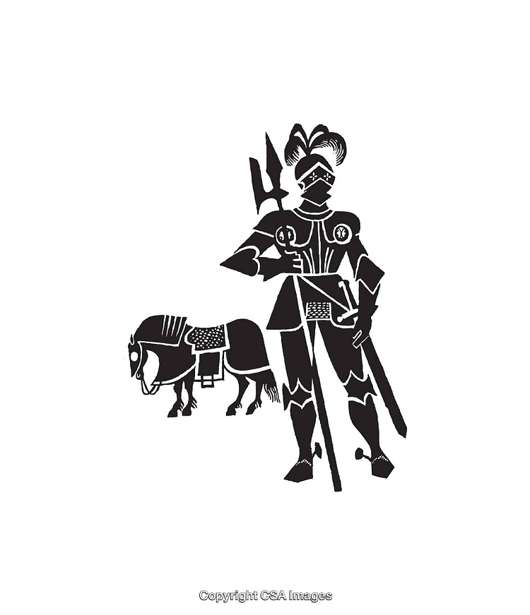 Black and White Line Art of Knight and Horse Silhouette