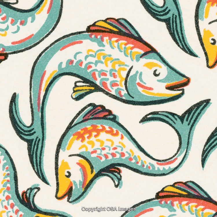 Colorful Hand-Drawn Fish Pattern With Retro Aesthetic and Playful Design