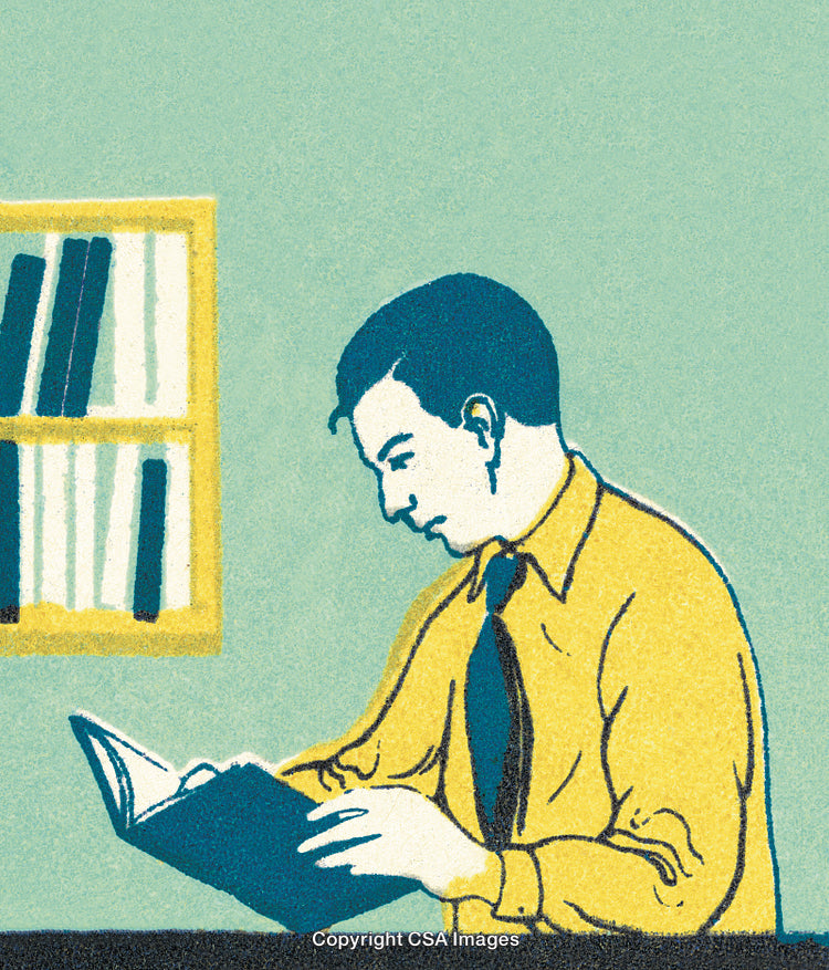 Illustration of a Man Reading a Book in a Quiet Environment