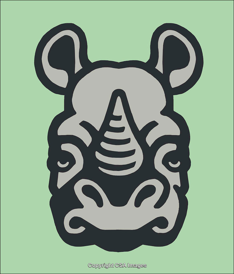 Stylized Rhino Illustration in Gray and Black on a Green Background
