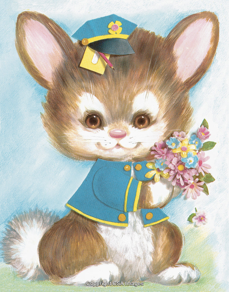 Cute Bunny Holding Flowers in Blue Outfit and Matching Cap