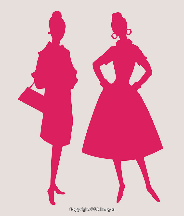 Retro Styled Silhouettes of Two Elegant Women Standing in Fashionable Poses
