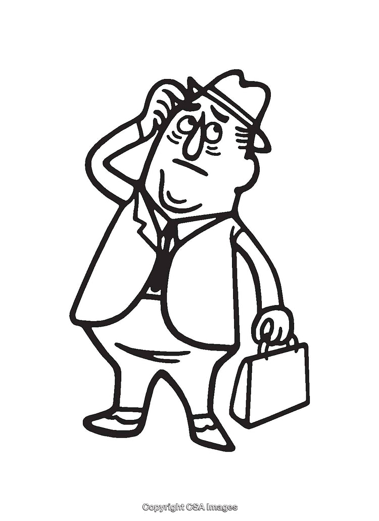 Confused Businessman Holding Briefcase in Black and White Illustration