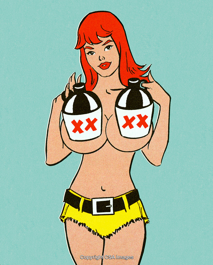 Vintage Illustration of a Woman Holding Labeled Bottles in a Nostalgic Style