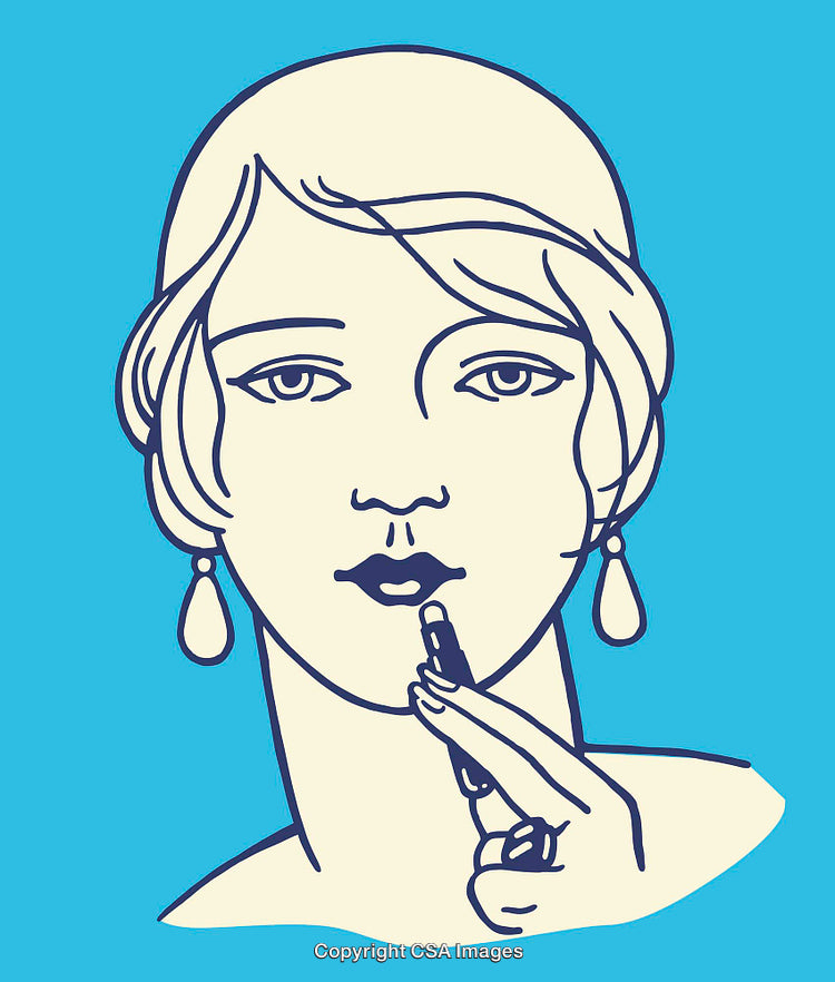 Elegant Art Deco Style Woman Applying Lipstick Illustration in Line Art