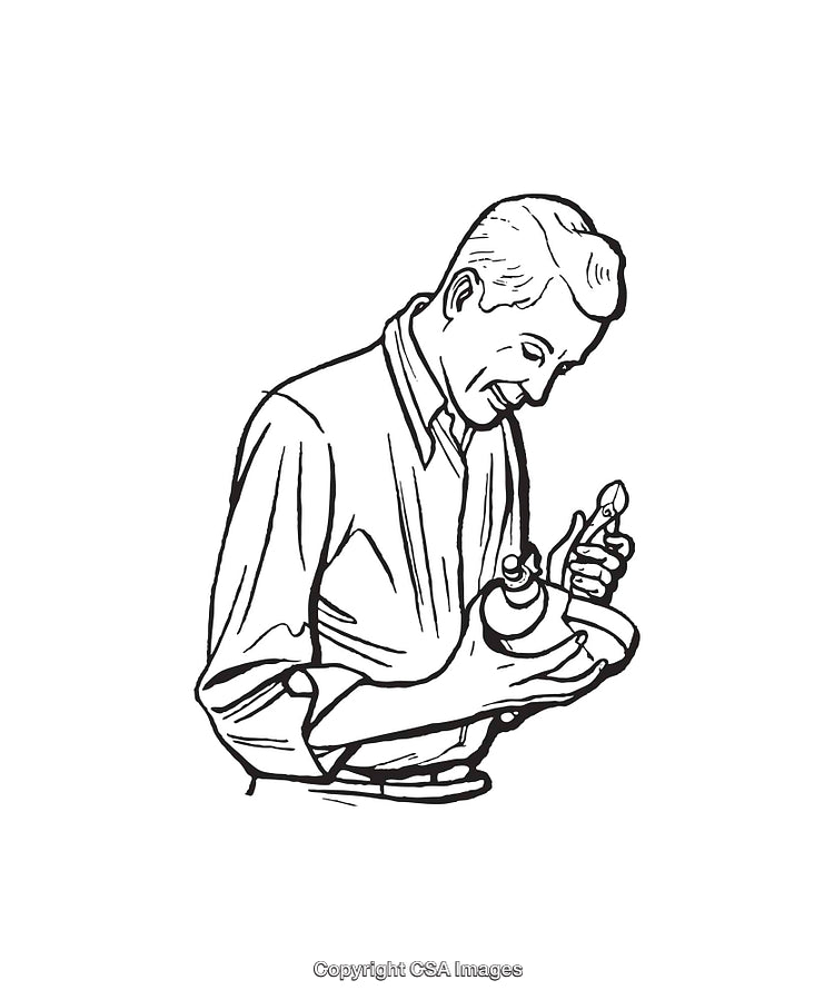 Black and White Line Art of a Man Holding a Vintage Object
