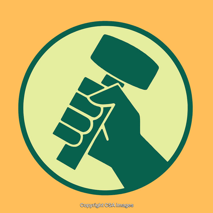 Retro Hand Holding Hammer Icon in Green and Yellow Circular Design