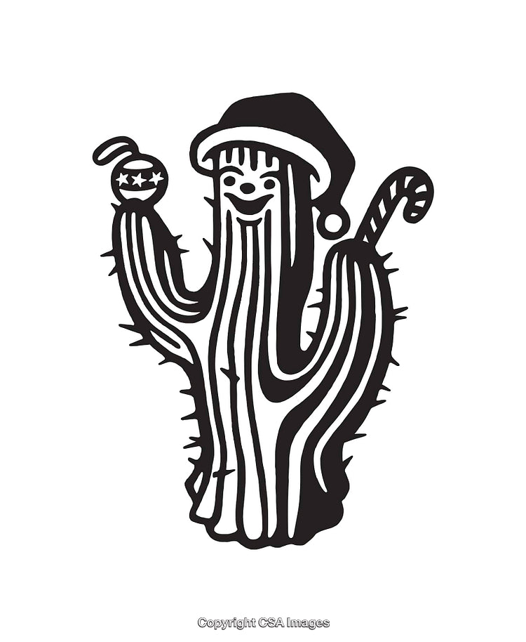 Festive Cactus Line Art Wearing Santa Hat with Holiday Decorations