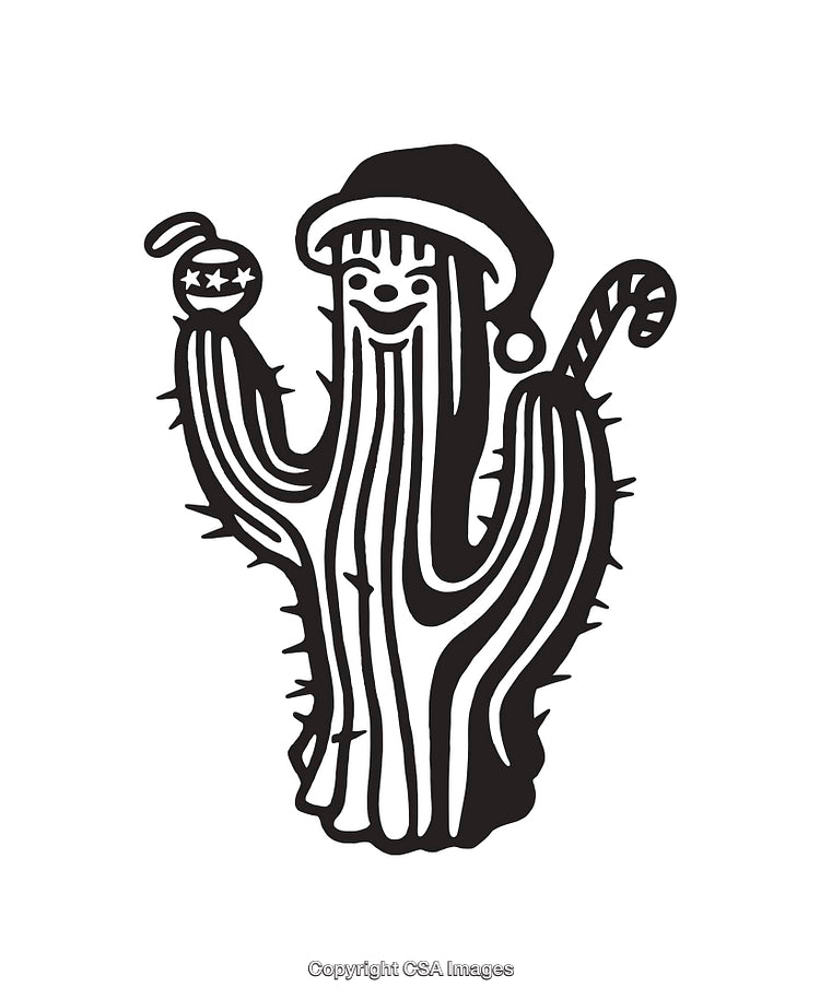 Festive Cactus Line Art Wearing Santa Hat with Holiday Decorations