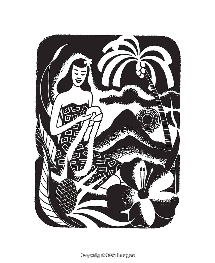 Black And White Island-Themed Illustration With Hula Girl And Tropical Elements