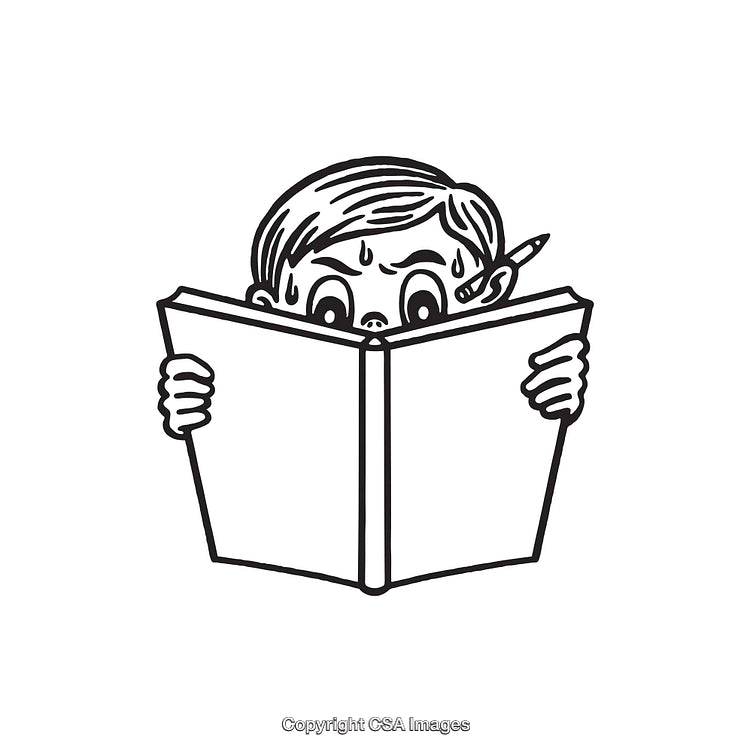 Black and White Illustration of a Worried Student Reading a Book