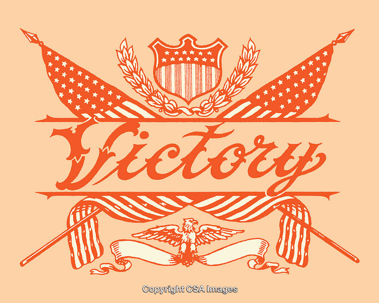 Patriotic Victory Design with Flags, Shield, and Eagle Emblem