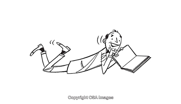 Black and White Line Art Illustration of Excited Man Reading a Book