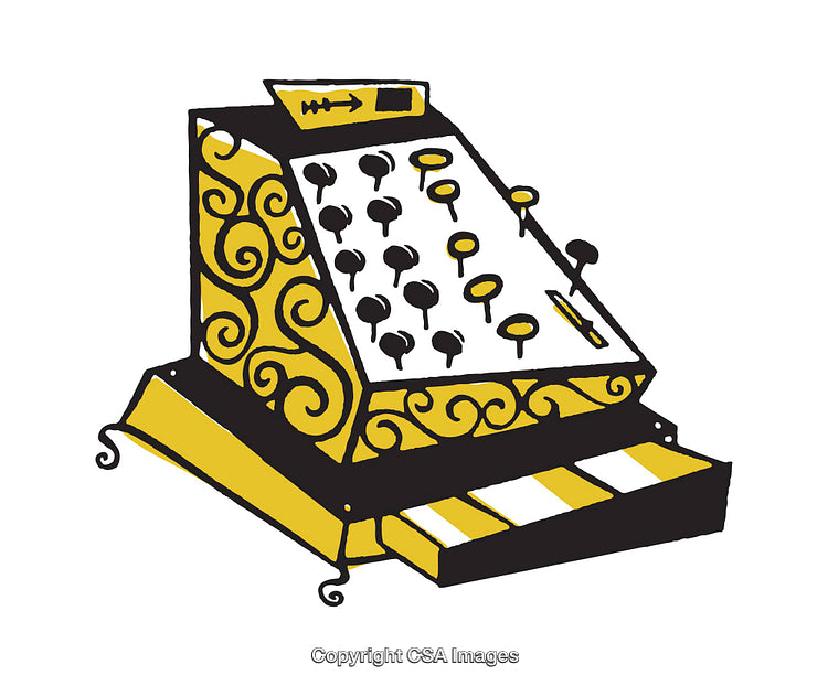 Vintage Cash Register with Ornate Gold Details and Artistic Illustration