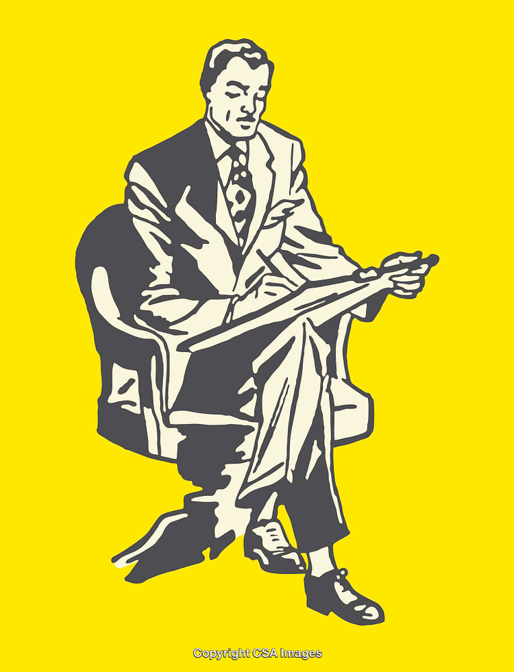 Vintage Illustration of a Seated Gentleman in Formal Attire on Yellow Background