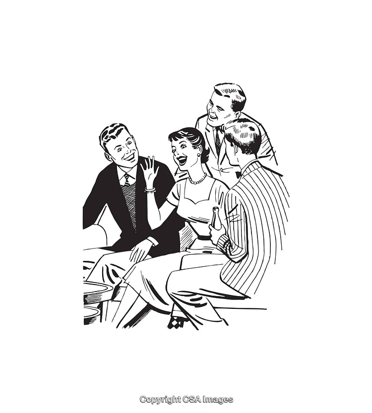 Retro Black And White Line Art Of Friends In Conversation