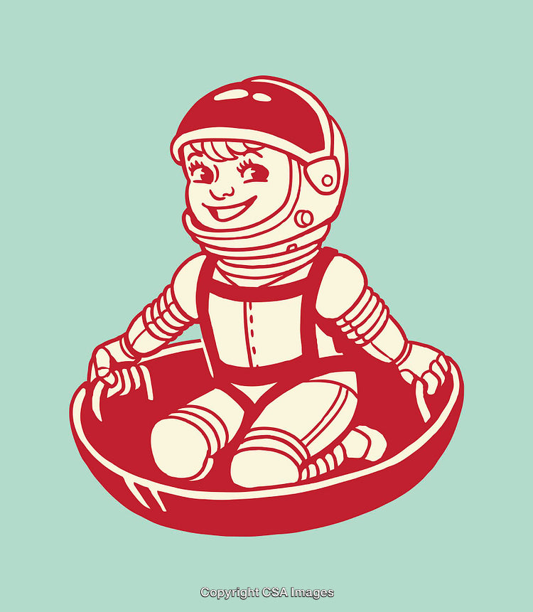 Adorable Cartoon Astronaut Child Illustration in Red and Teal Palette
