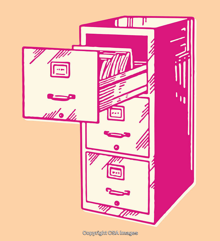 Colorful Line Art Illustration of a Filing Cabinet with Open Drawer