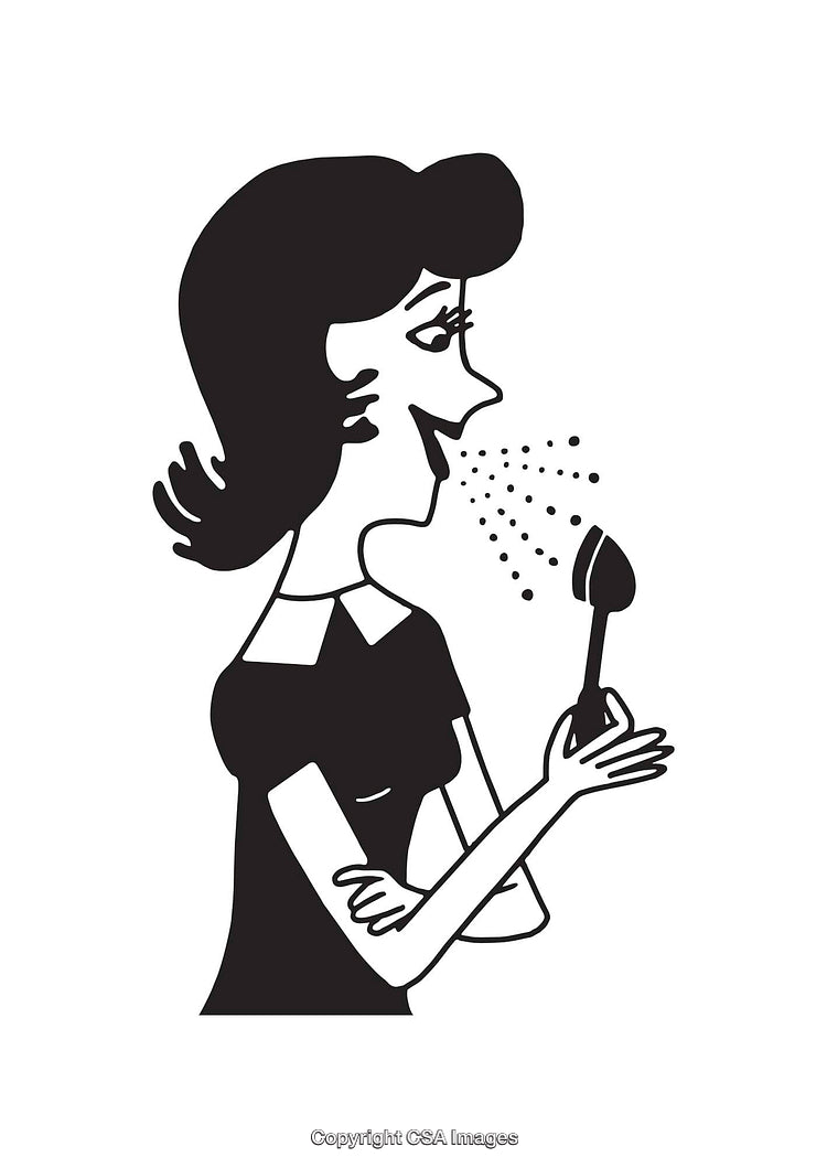 Retro Line Art Woman Sneezing While Holding a Spoon Illustration