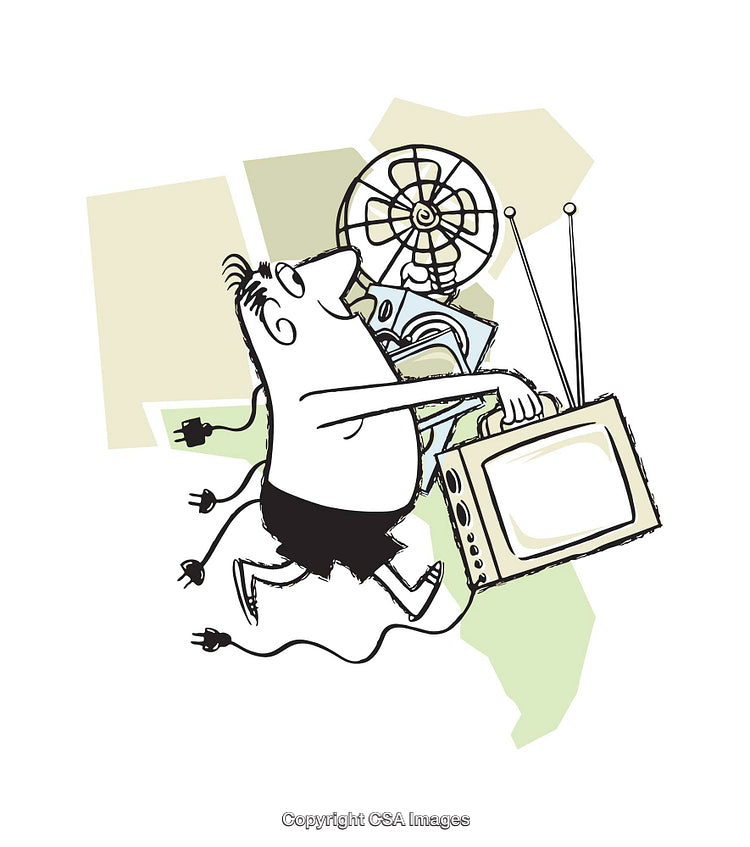 Cartoon Character Carrying Television and Fan in a Humorous Setting