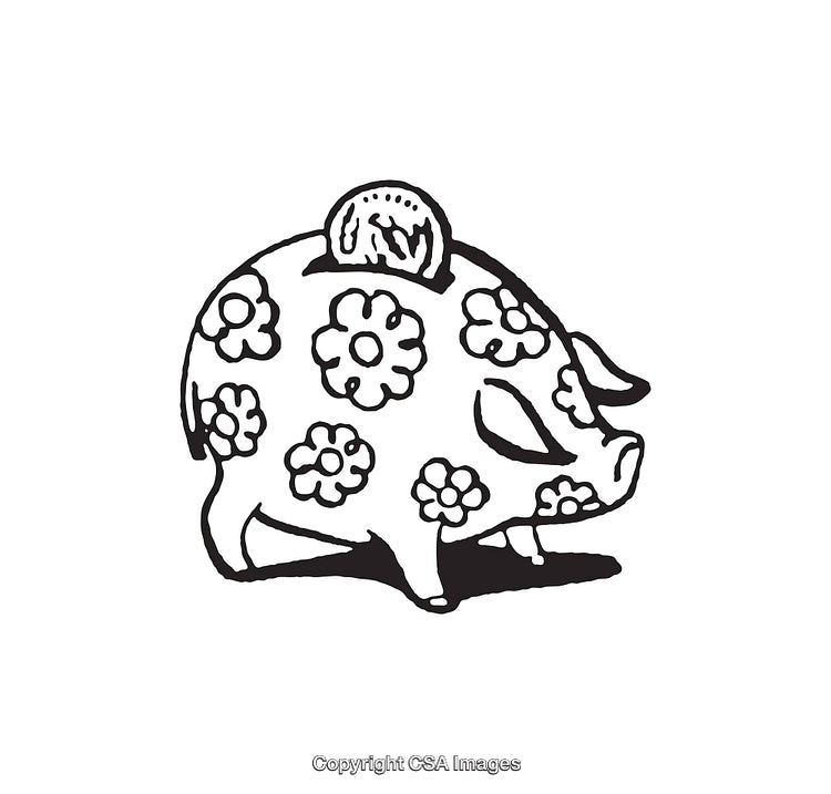 Floral Piggy Bank Illustration With Coin in Black and White Design