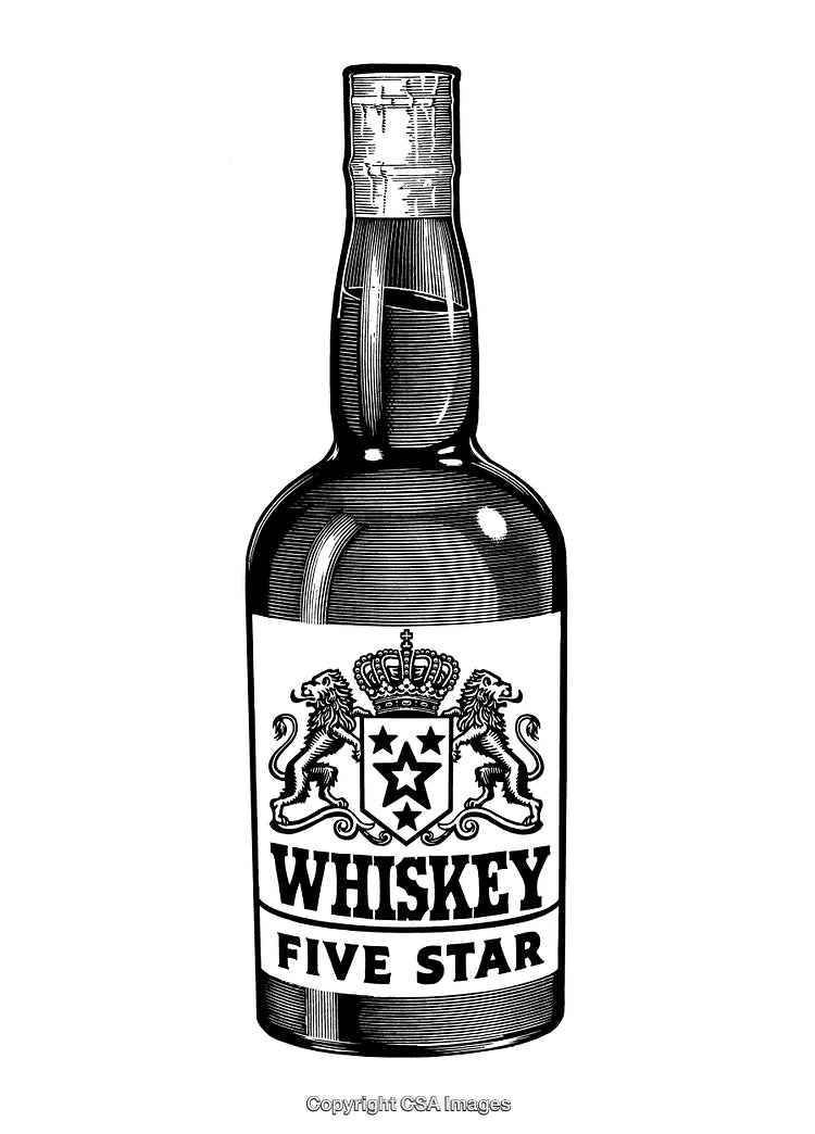 Black and White Engraving of a Whiskey Bottle Featuring Lions and Crown Emblem