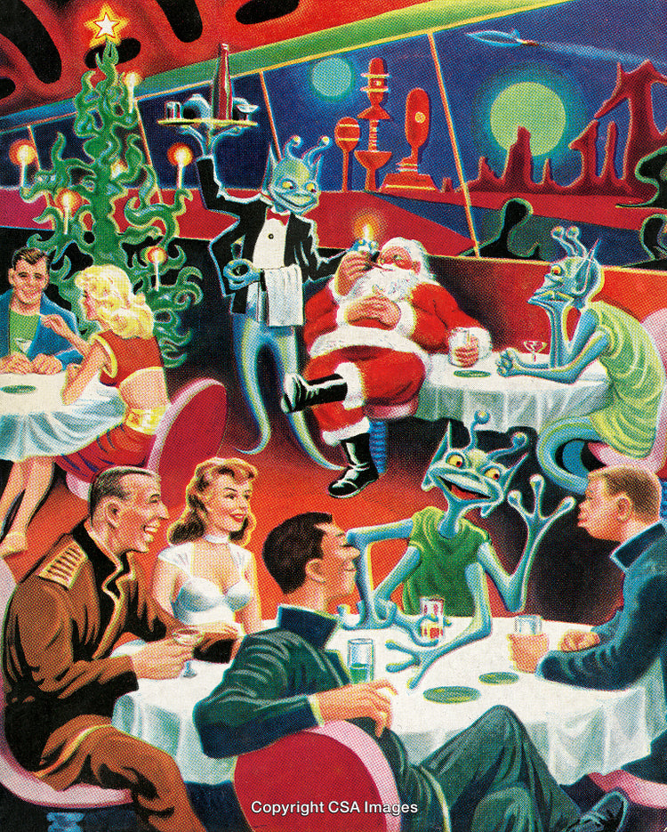 Festive Celebration With Santa and Extraterrestrial Companions in Unique Space Setting
