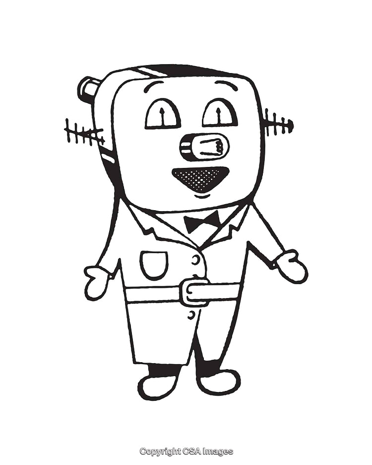 Black and White Line Art of a Cartoon Character in Suit