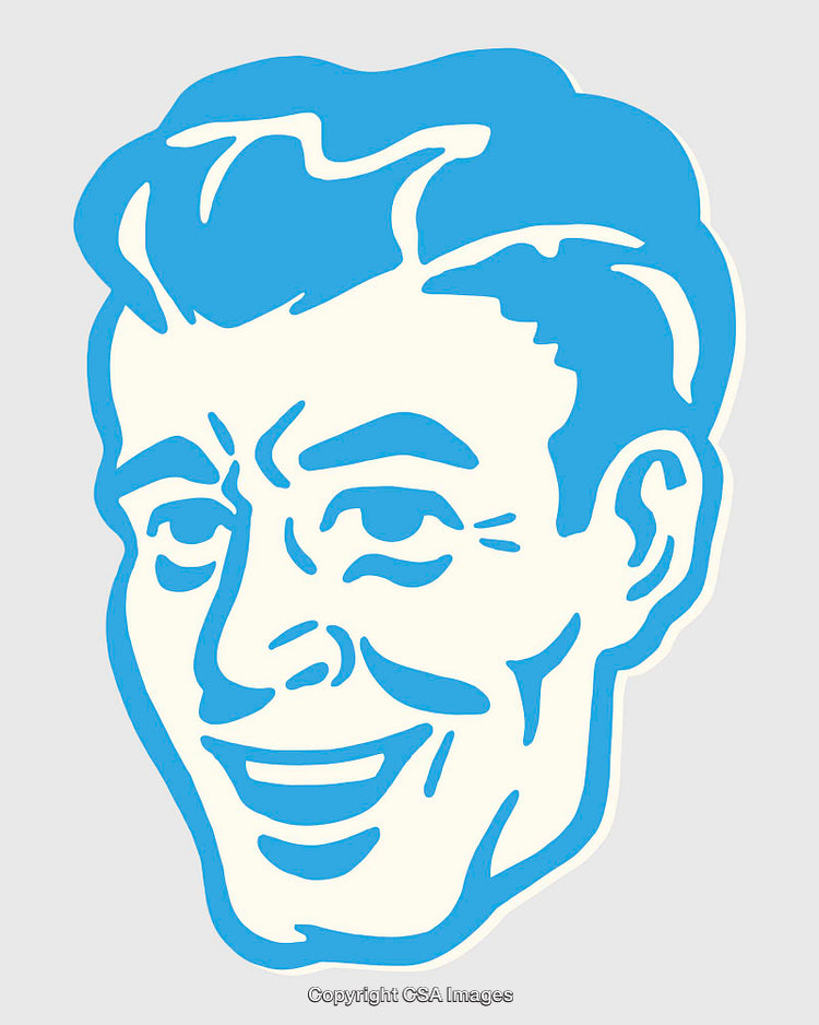 Retro Blue Line Art Illustration of a Smiling Man's Face