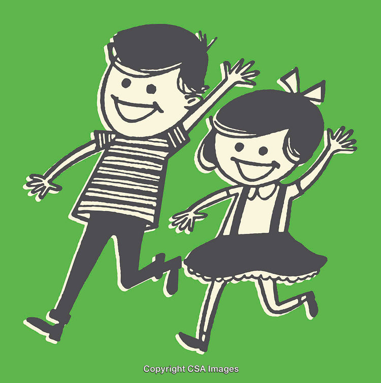Playful Childlike Drawing of Smiling Kids on a Green Background