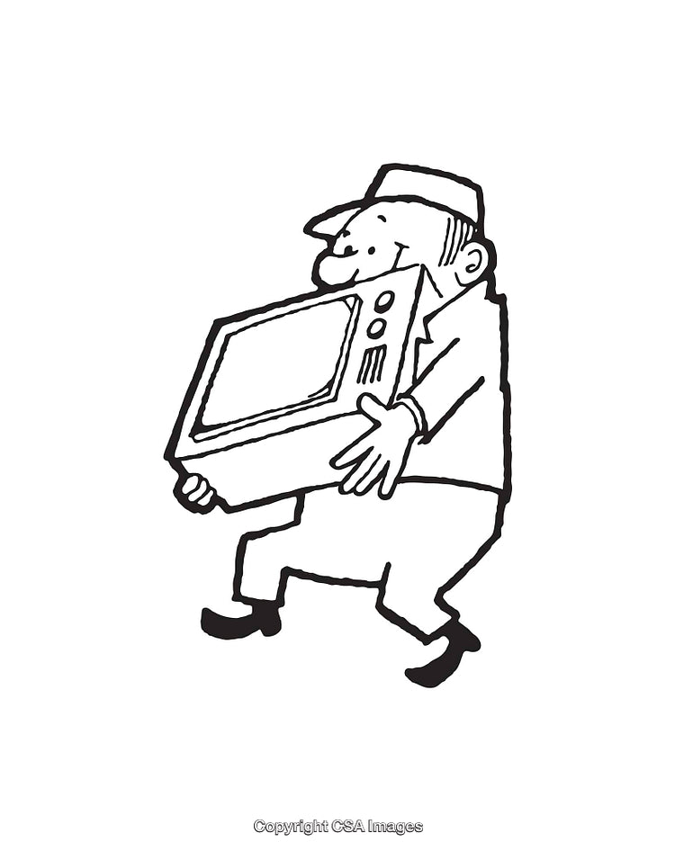Black and White Cartoon Illustration of Man Carrying a Television