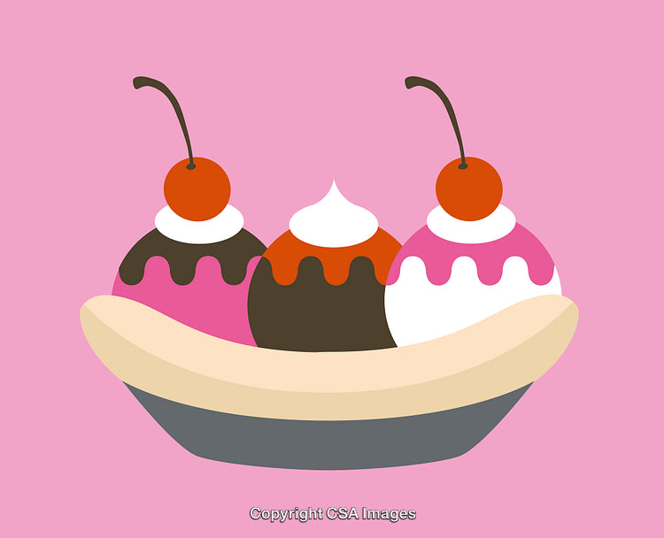 Illustration of a Banana Split Dessert with Cherries on Pink Background