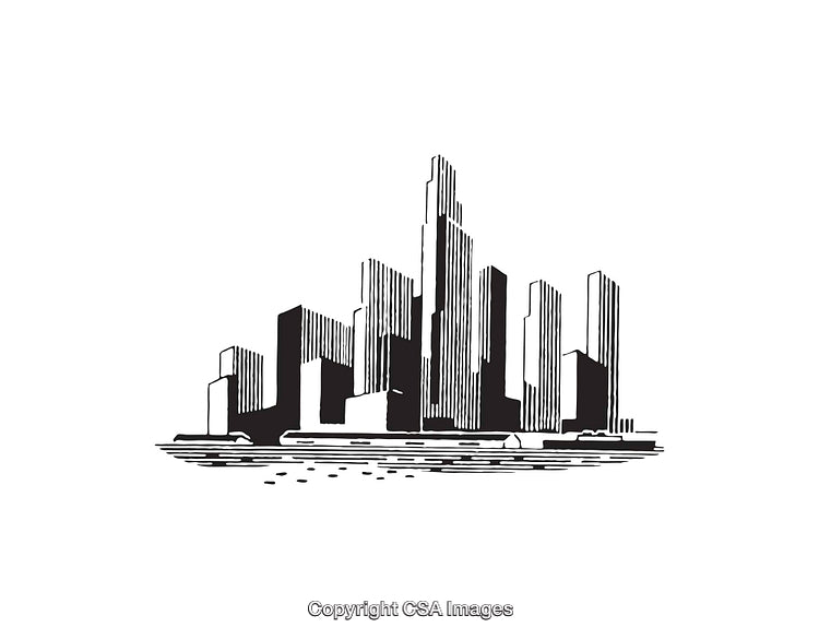 Black and White Illustration of a Modern Urban Skyline Scene