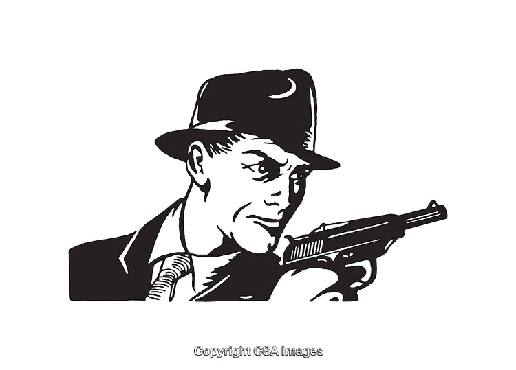 Vintage Black and White Illustration of a Man Holding a Gun