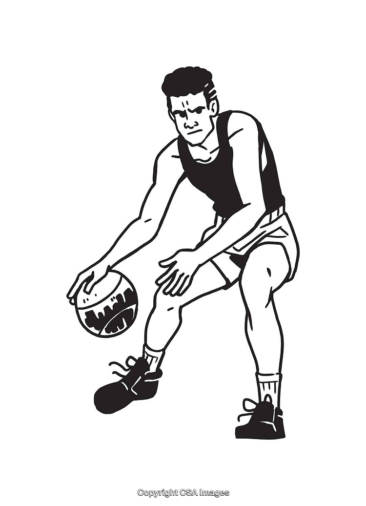 Black and White Line Art of Basketball Player Dribbling a Ball