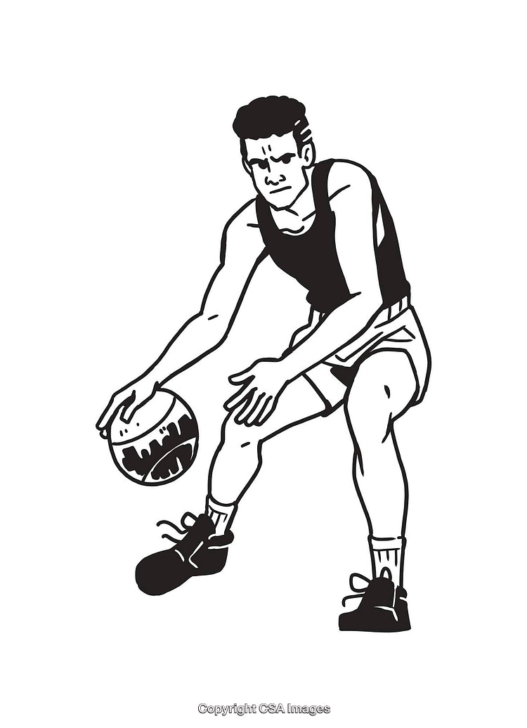 Black and White Line Art of Basketball Player Dribbling a Ball