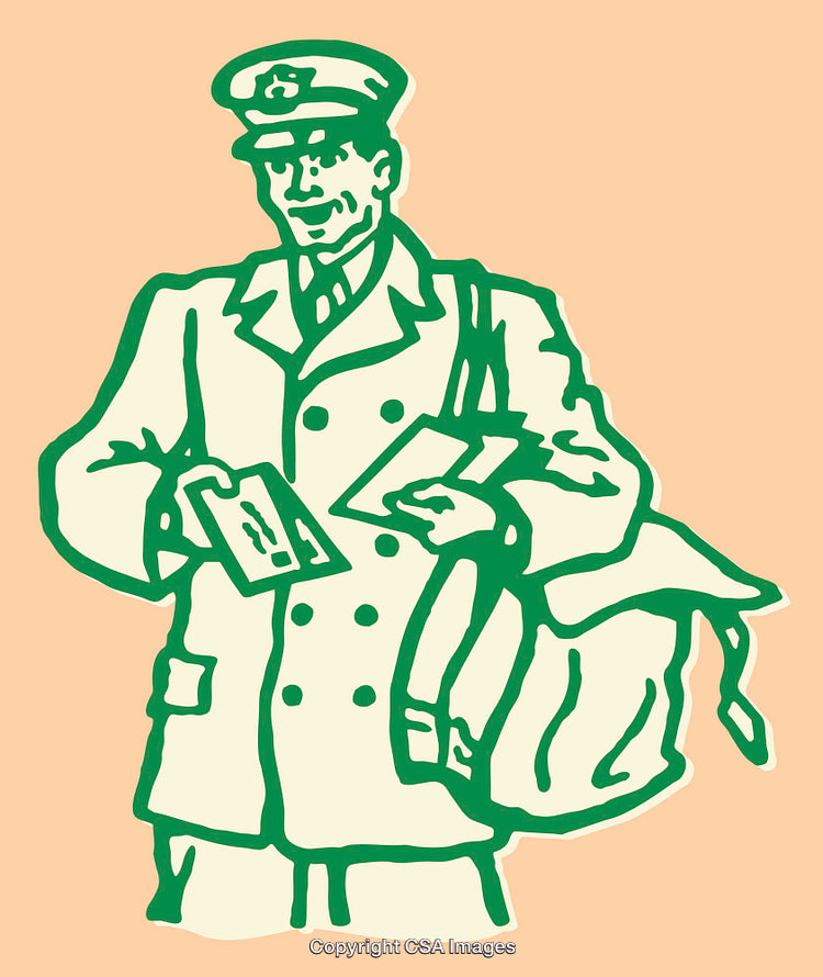 Vintage Green Line Art of Postal Worker with Letters and Bag