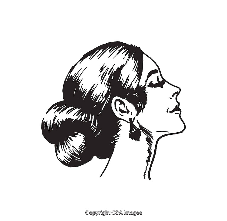 Black and White Line Art Portrait of a Woman in Profile with Bun Hairstyle